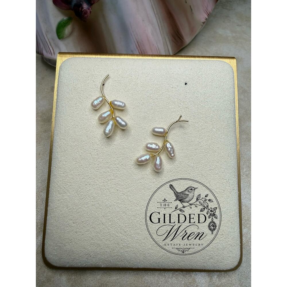 Vintage 14K Gold Freshwater Pearl Branch Dangle Earrings Organic Artisan Design - Picture 6 of 7